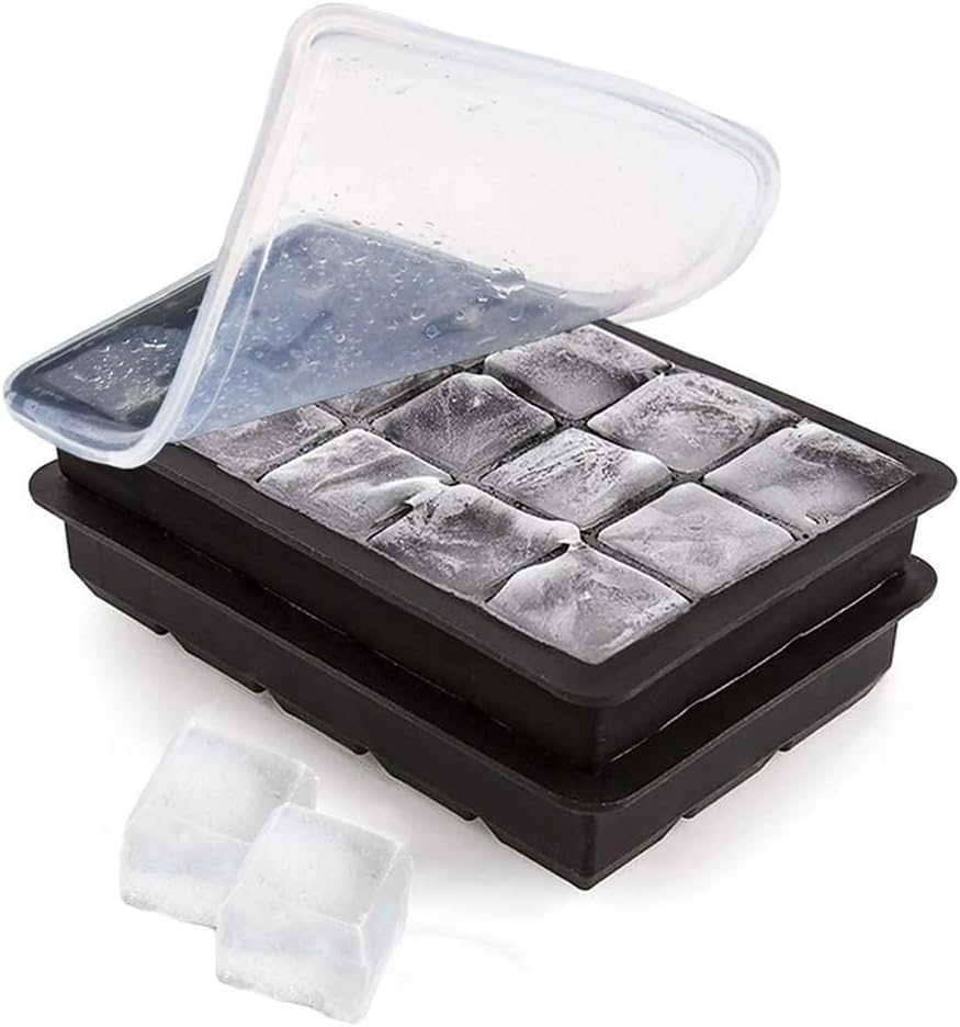 Joyzzz Ice Cube Tray, 2 PCS 15-Cavities Silicone Ice Cube Trays with No Leaking Lid, No Odors and Stackable Square Ice Cube Mold, Easy-Release and Flexible Ice Cube Mold, for Drinks, Coffee