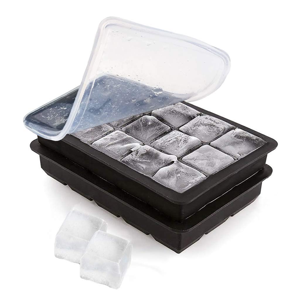 Joyzzz Ice Cube Tray, 2 PCS 15-Cavities Silicone Ice Cube Trays with No Leaking Lid, No Odors and Stackable Square Ice Cube Mold, Easy-Release and Flexible Ice Cube Mold, for Drinks, Coffee