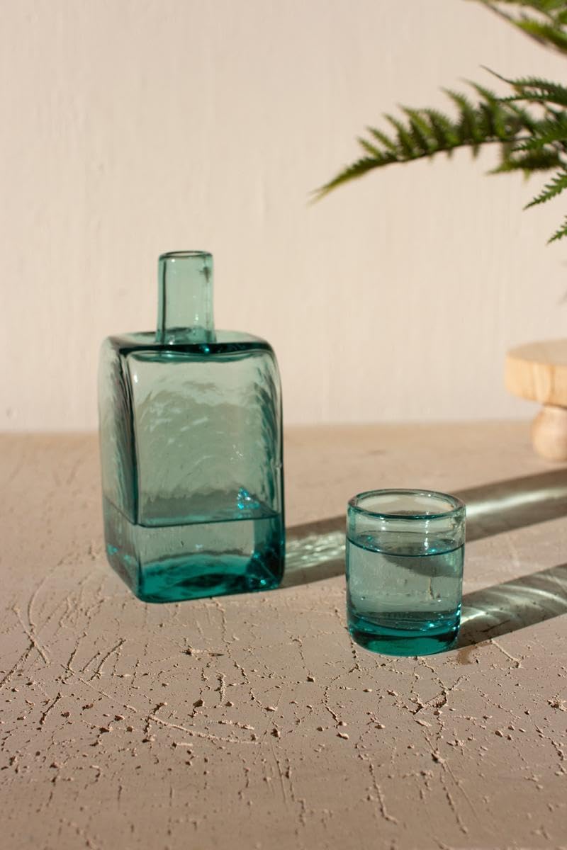 First of a Kind Hand-Blown Recycled Glass Bedside Carafe with Drinking Glass - Square Green-Tinted Water Carafe, Cup Stores as Lid, Artisan Made, Stylish Bedroom Decor