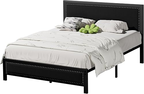 Miniatura 9 de VECELO Base de cama tamaño matrimonial con cabecera tapizada, plataforma resistente con listones de metal fuertes, no necesita somier, fácil