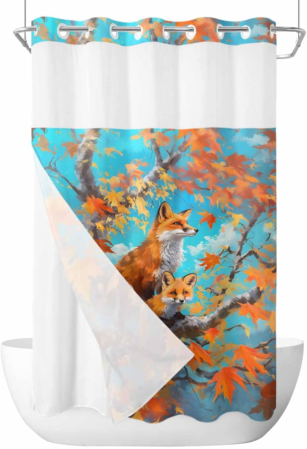 No Hook Shower Curtain with Snap in Liner Fall Maple Leaf Animal Fox Watercolor Oil Painting Shower Curtains for Bathroom, Fabric Waterproof Inner Liner, Hotel Style with Mesh Top Window, 36x78