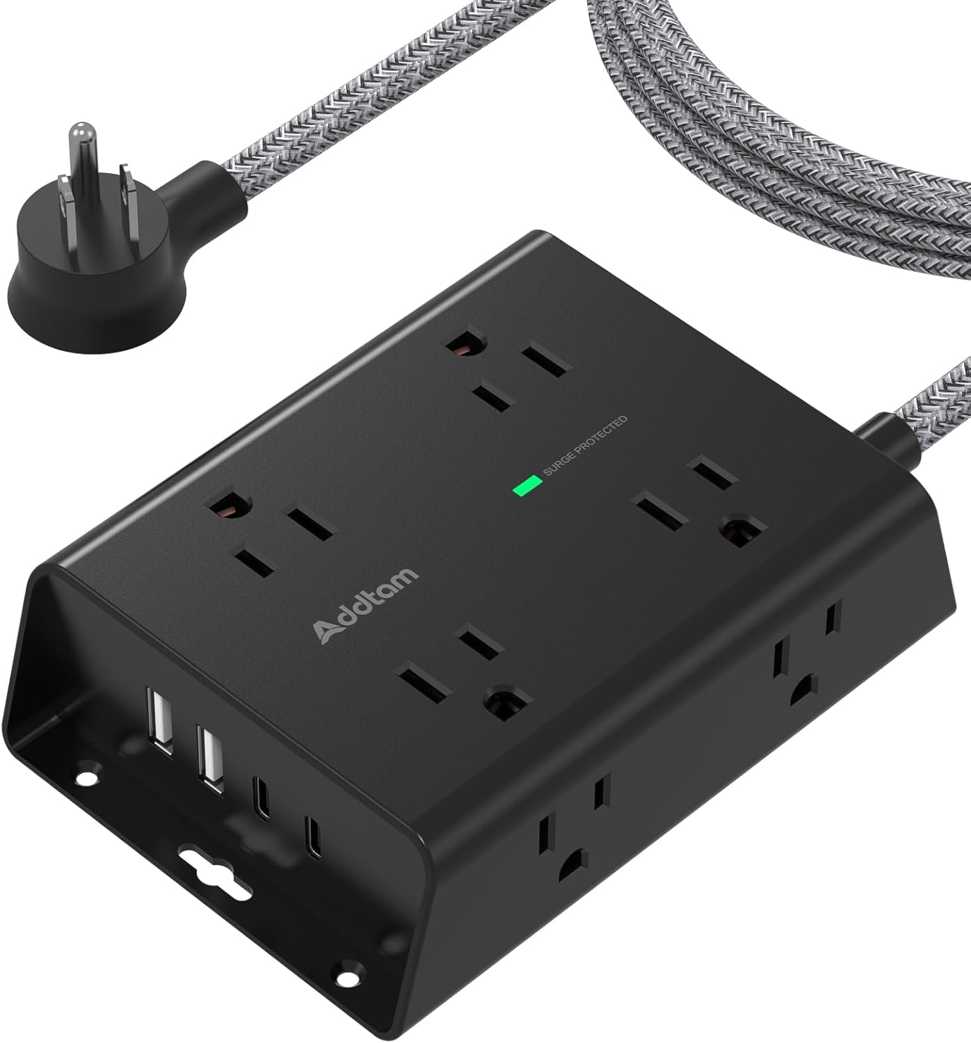 Addtam Surge Protector Power Strip, 8 Widely Outlets with 4 USB Ports (2 USB C), 5ft Extension Cord with Multiple Plug Outlets, 3 Side Outlet Extender, Flat Plug, Wall Mount, ETL, White
