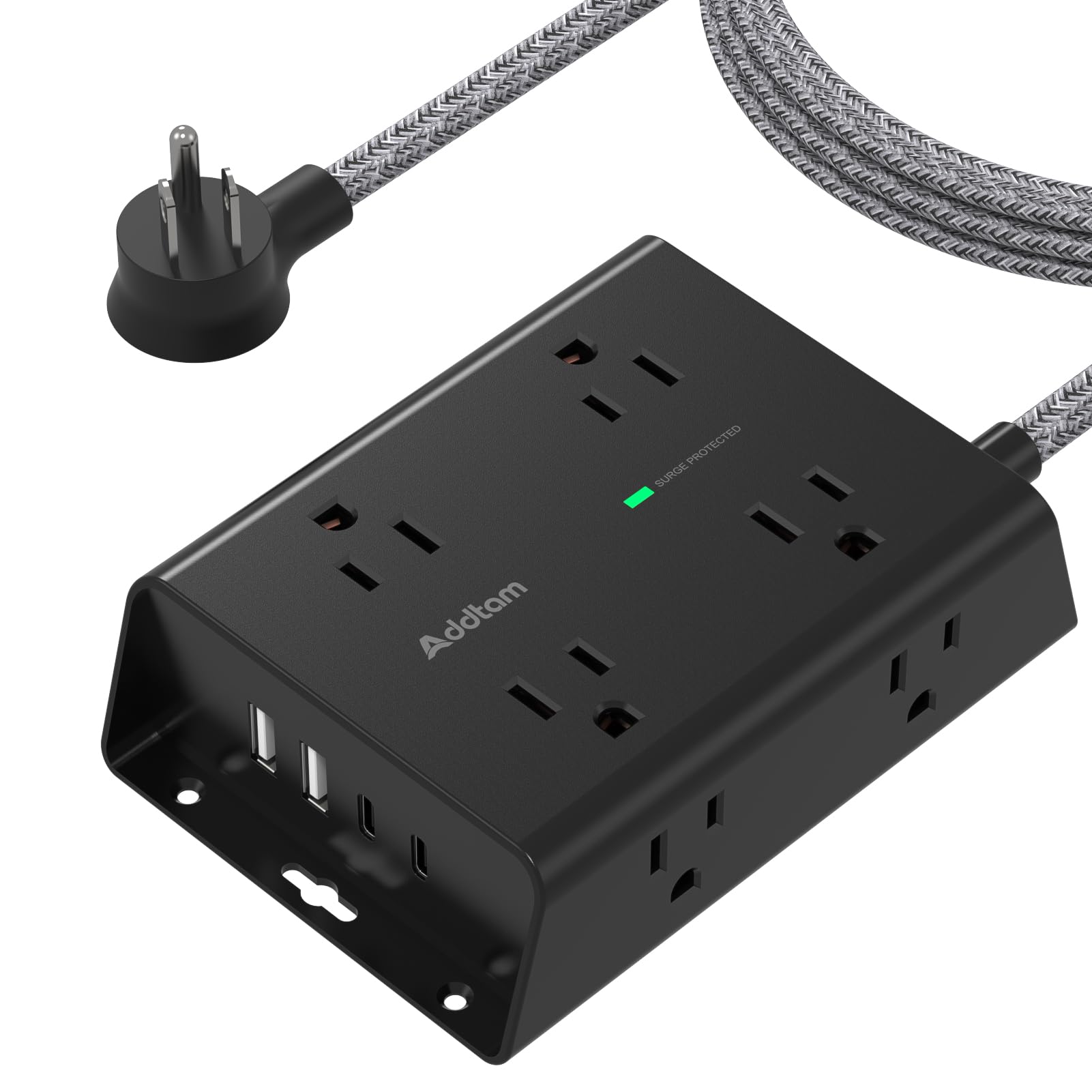 Addtam - Tira de alimentación con protector de sobretensión, 8 tomas de corriente con 4 puertos USB (2 USB C), cable de extensión de 5 pies con múltiples tomas de corriente, 3 extensores de toma