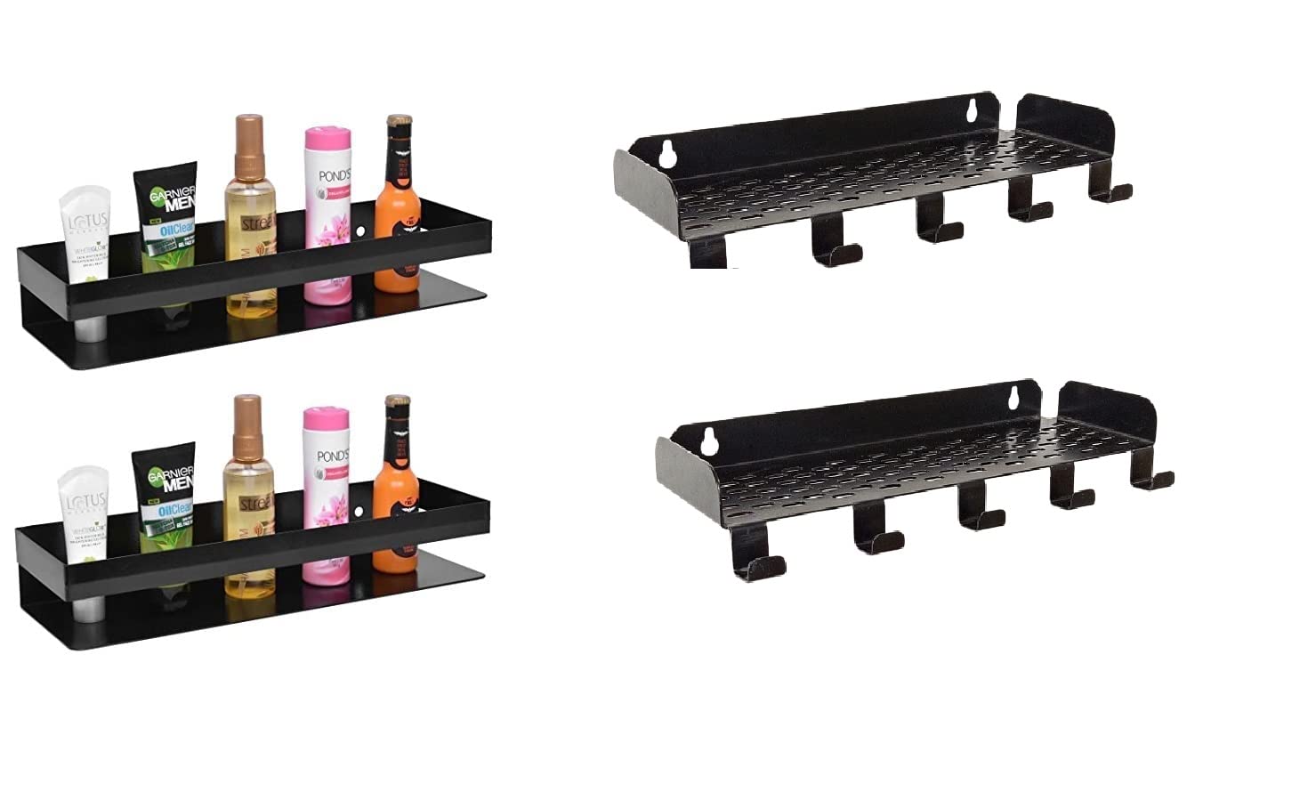 R.O.H.C Combo Pack Multi-Purpose Powder Coated Wall Mount Bathroom Kitchen Shelf (Black, 14x5 Inch) 2 pc with Basket/Tray/Shelf Kitchen for Bathroom Accessories, 16 Inch, Set of 2