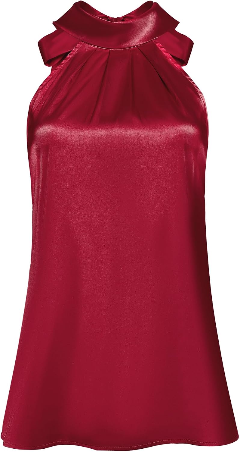 Hobemty Women's Sleeveless Satin Top Halter Neck Elegant Summer Work Blouse