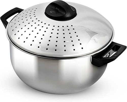 Ovente Olla para pasta de acero inoxidable de 4.8 cuartos con tapa de colador y función de bloqueo, fácil almacenamiento y segura con asas de tacto