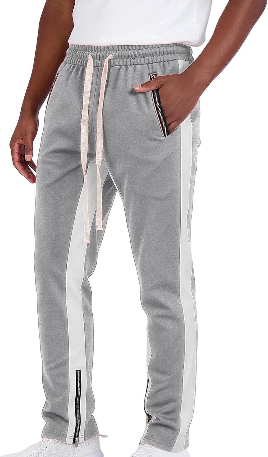 Mens Track Pants Striped Zip Pockets Straight Leg Sweatpants