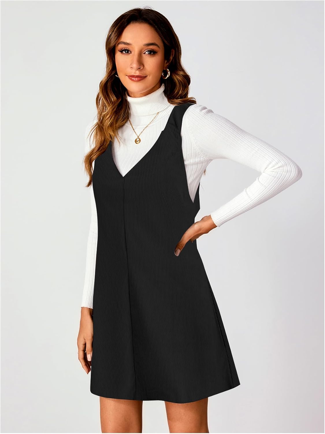 Milumia Women V Neck Corduroy Overall Dress 2025 Fall Mini Pinafore Jumper Dress - Image 4