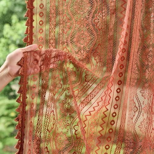 Image of MYSKY HOME Terracotta Boho Lace Sheer Curtains 90 inch Length 2 Panels Burnt Orange Floral Vintage Bohemian Crochet Geometry Curtains with Tassels for Living Room Bedroom Rod Pocket Home Decor, 55 inch W