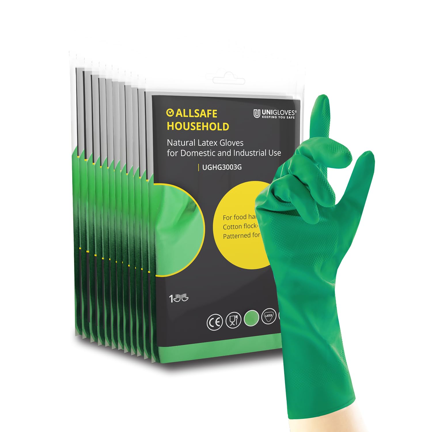 UNIGLOVES Allsafe Household Green - Latex Reusable Household Gloves for Cleaning, Washing up and Food Processing - 12 Pairs - Size M