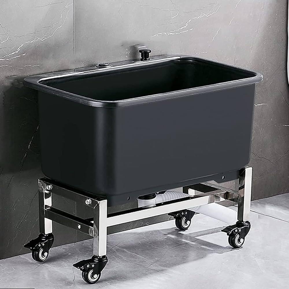 Commercial Floor Mop Sink Utility Laundry Tub on Wheels Grey 40 * 40 * 50.5cm Deep Basin for Garage Backyard Commercial Use (Black 60x40x50.5cm)