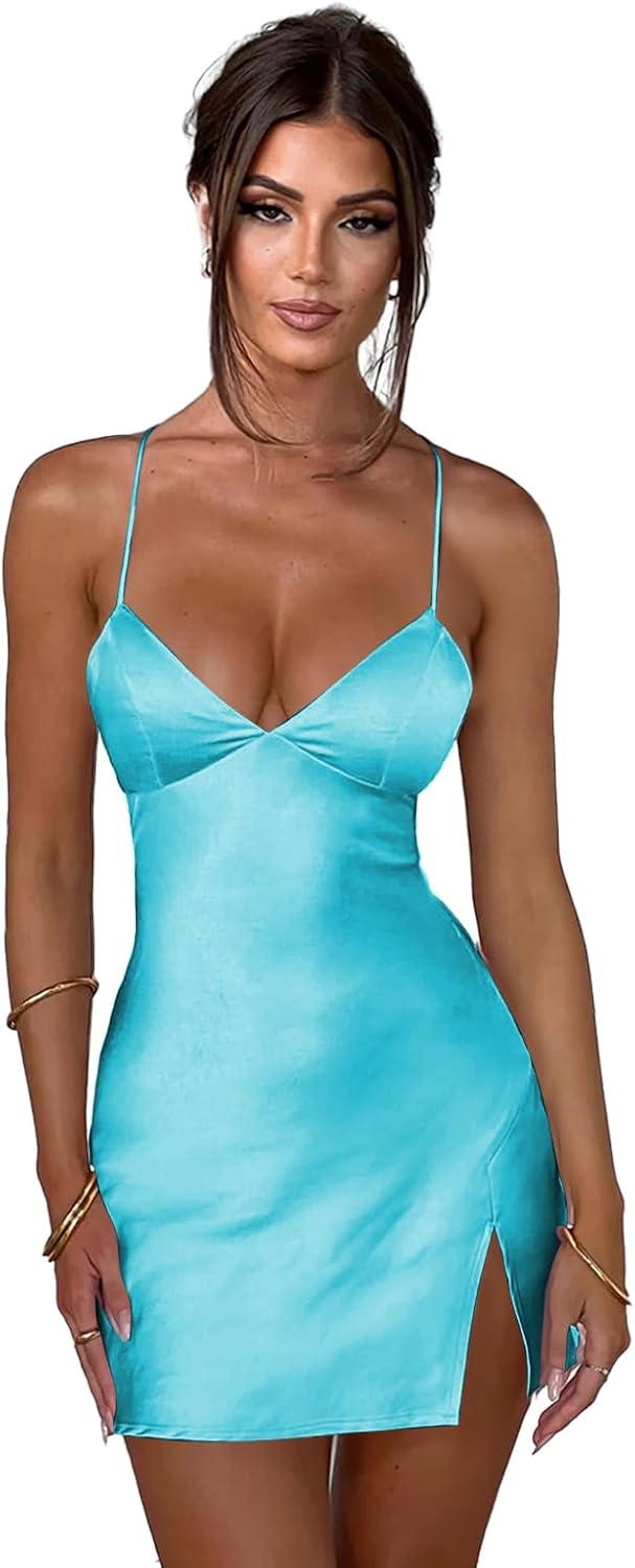 Spaghetti Straps Satin Homecoming Dresses 2026 for Teens with Slit Short Tight V Neck Party Cocktail Prom Gowns