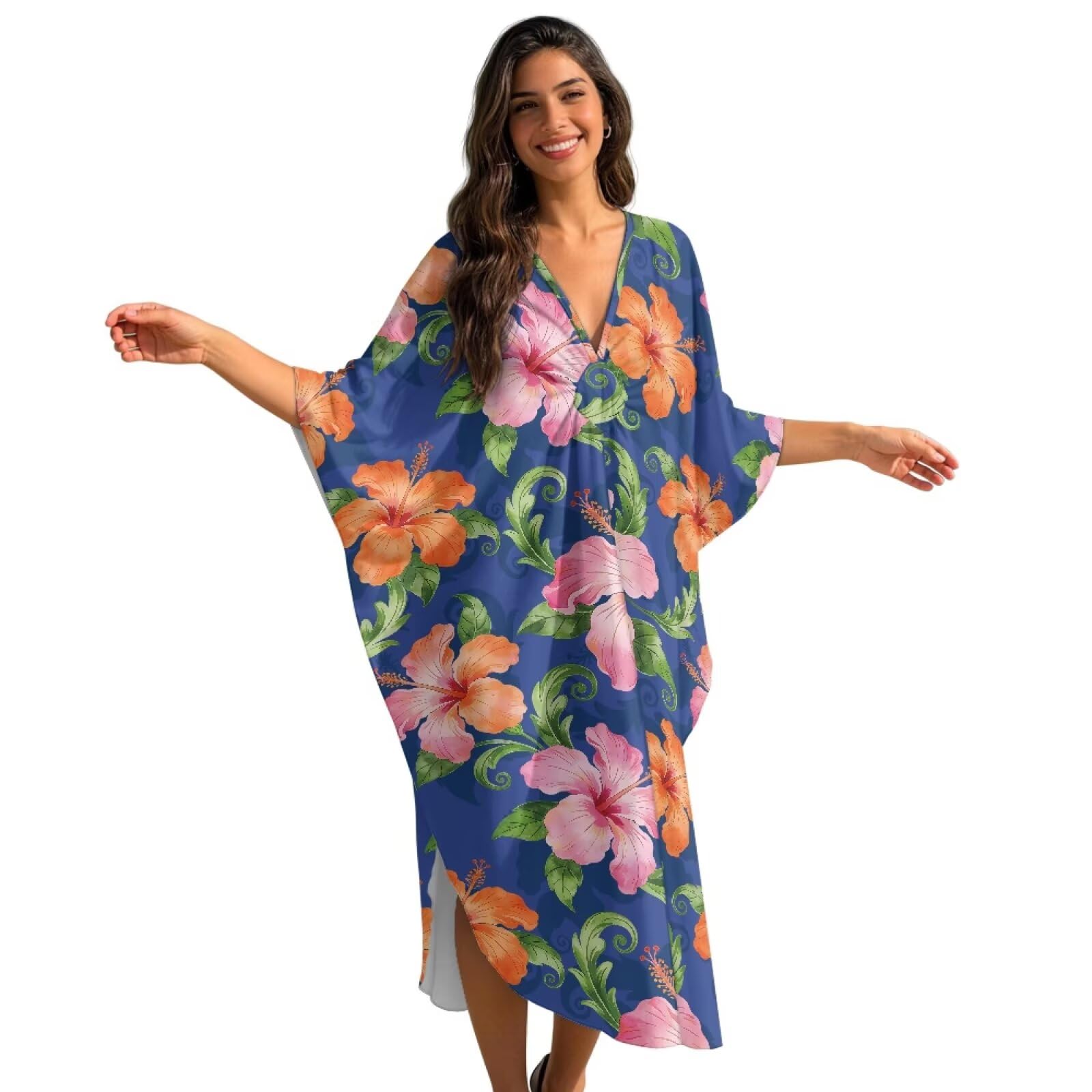 Abito caftano da donna con scollo a V, maniche a pipistrello, caftano, vestibilità ampia, copricostume da bagno