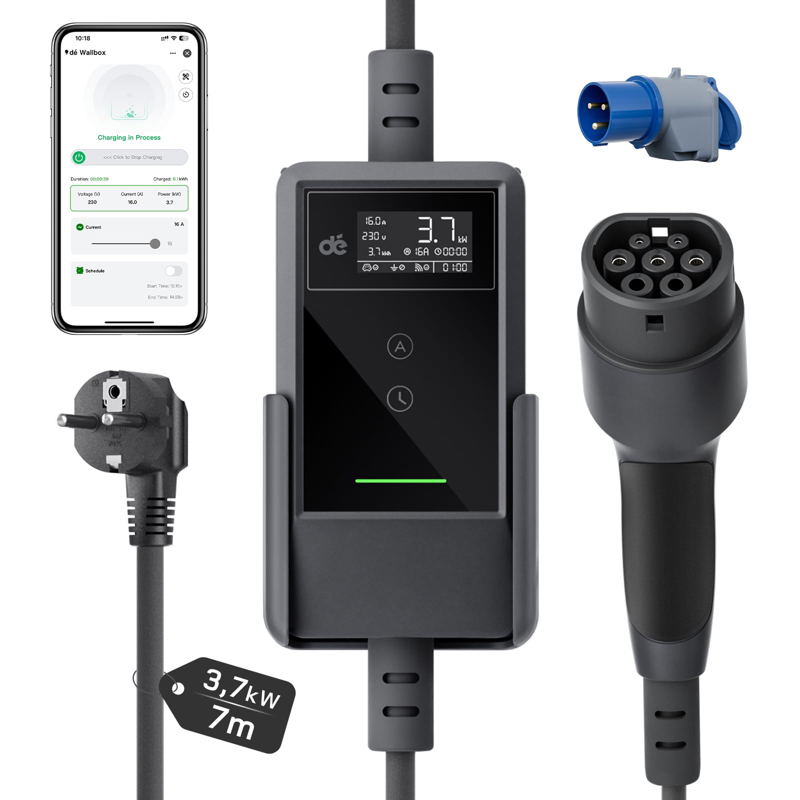 dé Cavo Ricarica Auto Elettrica Tipo 2 Schuko APP 3,7kW [7m | 6/8/10/13/16A] Colonnina Ricarica auto Elettrica con Supporto, con LCD Controllo Digitale Compatibile con Model Y/3, e208 e Altri EV/PHEV