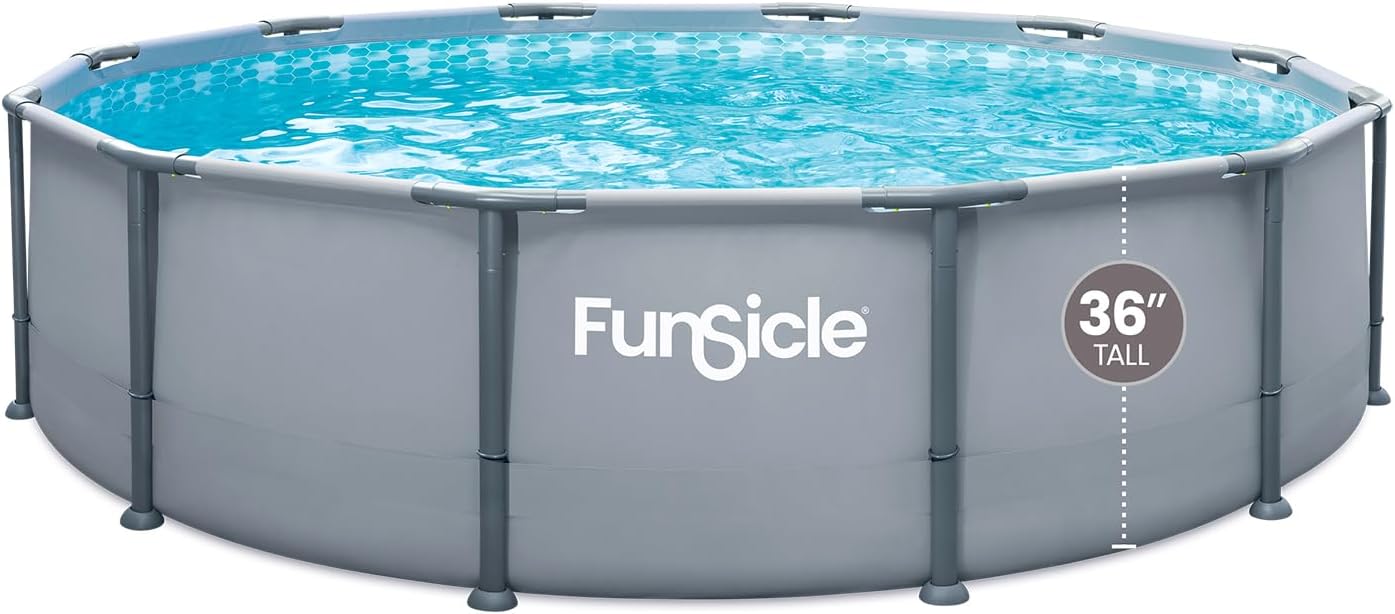 Funsicle Oasis Above Ground Metal Frame Swimming Pool Set – with FB800S AutoSkimmer Pump, Ladder & Cover, 12' x 36", Round, Gray