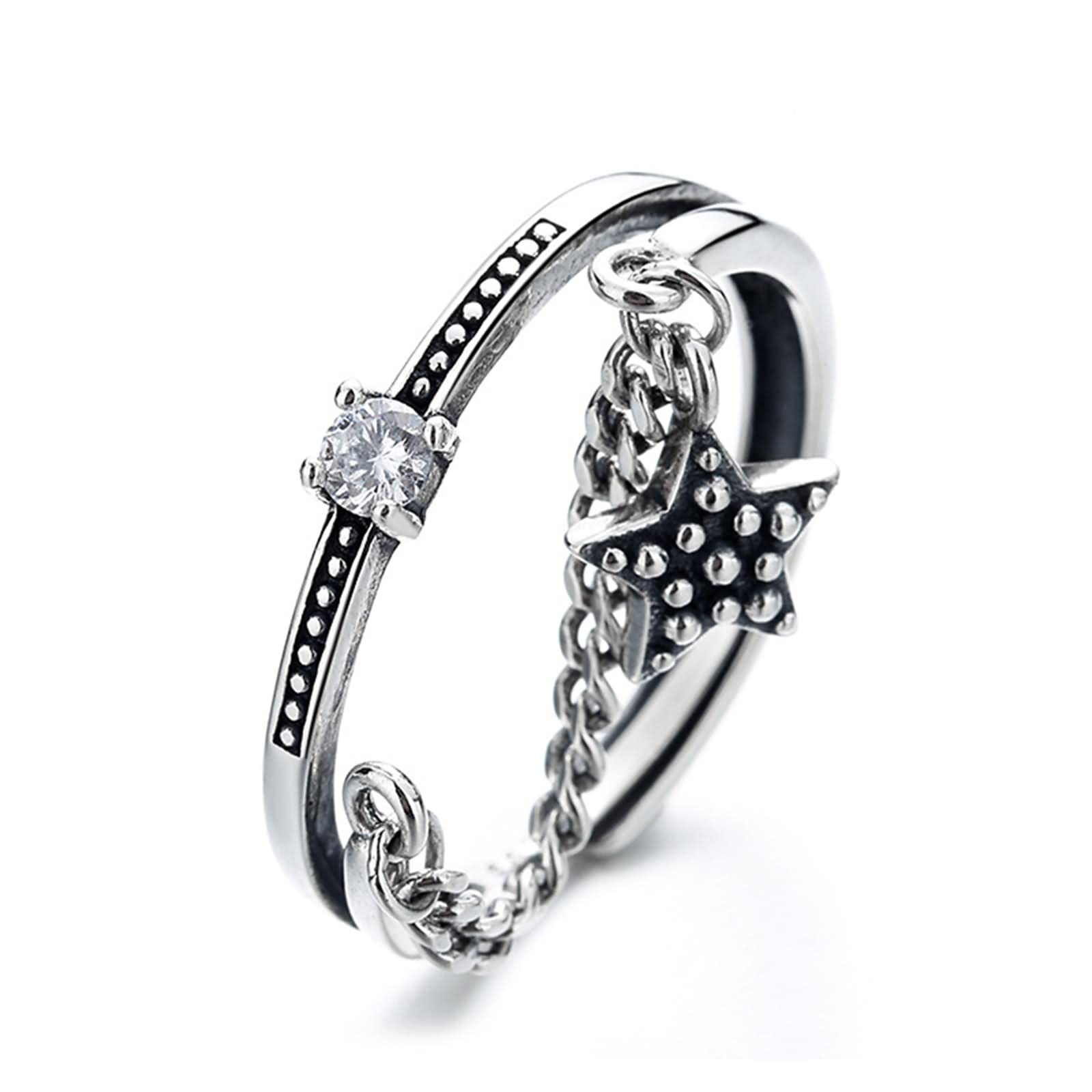 Niedliche Ringe für Frauen, Ring aus Sterlingsilber mit Verstellbarer Sternnahtkette und Eheringen aus Zirkonia