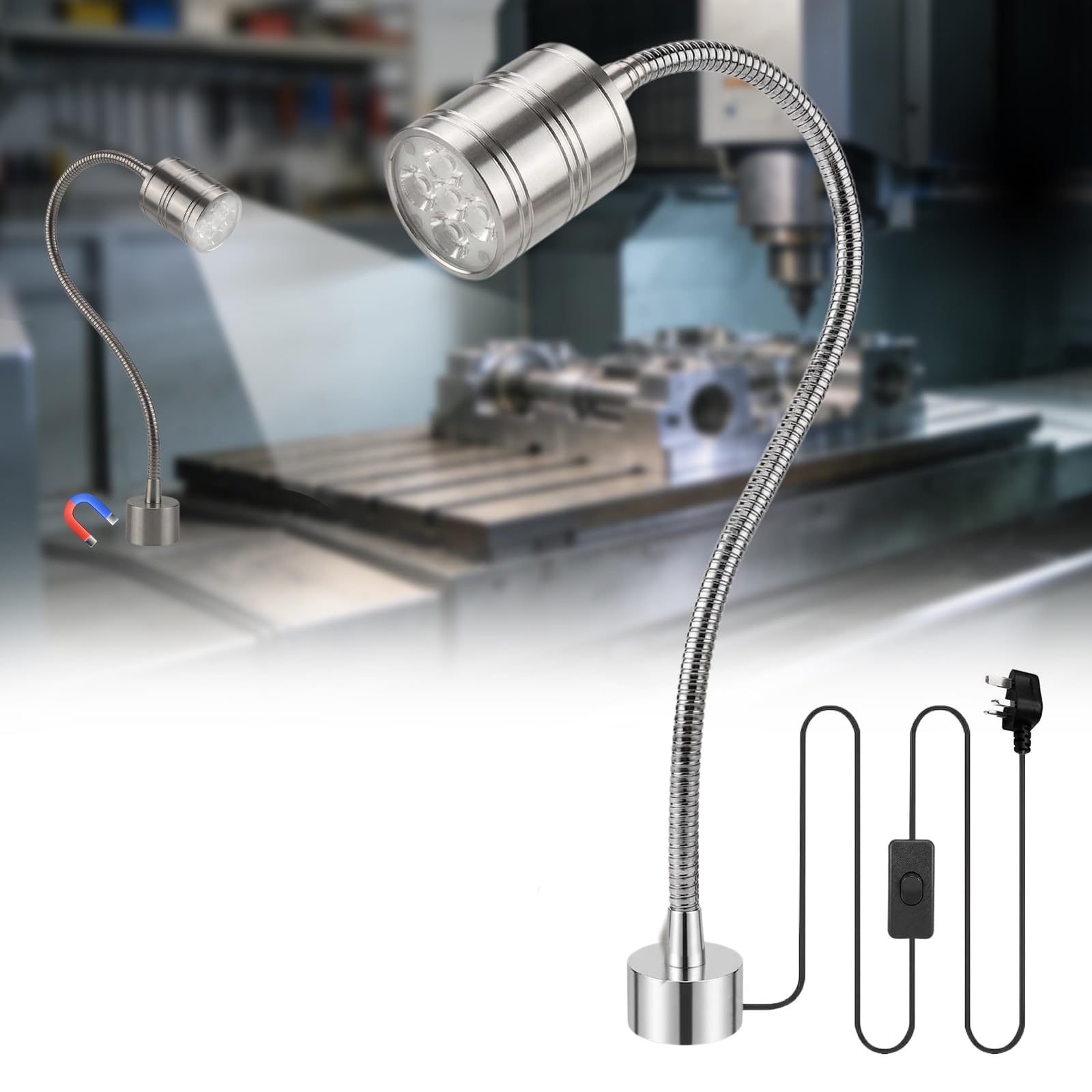 BrightWish Magnetic Work Light, 10W 6500K LED Machine Light with Flexible Gooseneck & Strong Magnetic Base for Workbench, Sewing, Lathe, Grill, Shop, Industrial Lighting (Silver)