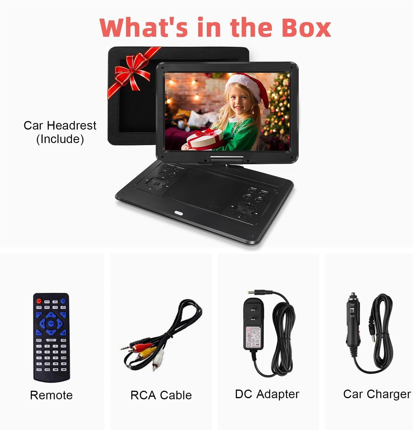 16.9" Portable DVD Player, 6 Hrs Rechargeable Battery,14.1" Swivel Screen with Car Headrest Mount, DVD Player for Car, Support CD/DVD/SD Card/USB, Remote Control, Car Charger, Power Adaptor (Black)