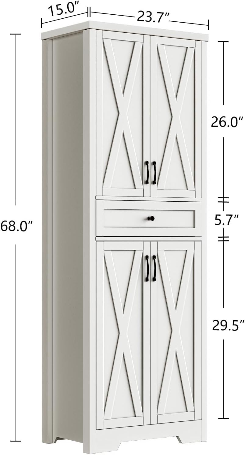 Lyromix 68'' Farmhouse Kitchen Pantry Cabinet with Adjustable Shelves, Tall Storage Cabinet with Barn Doors, Freestanding Versatile Cupboard for Dining Room, White