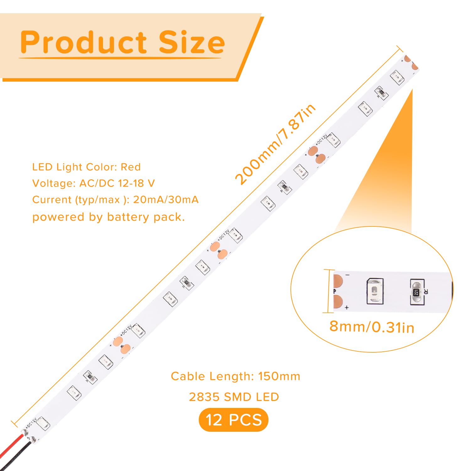 Lyeteung 12 PCS 200mm 12V - 18V Pre Wired Strip, 2835 SMD LED Model Railway LED Lighting, Red, 200mm - 12pcs - Image 2