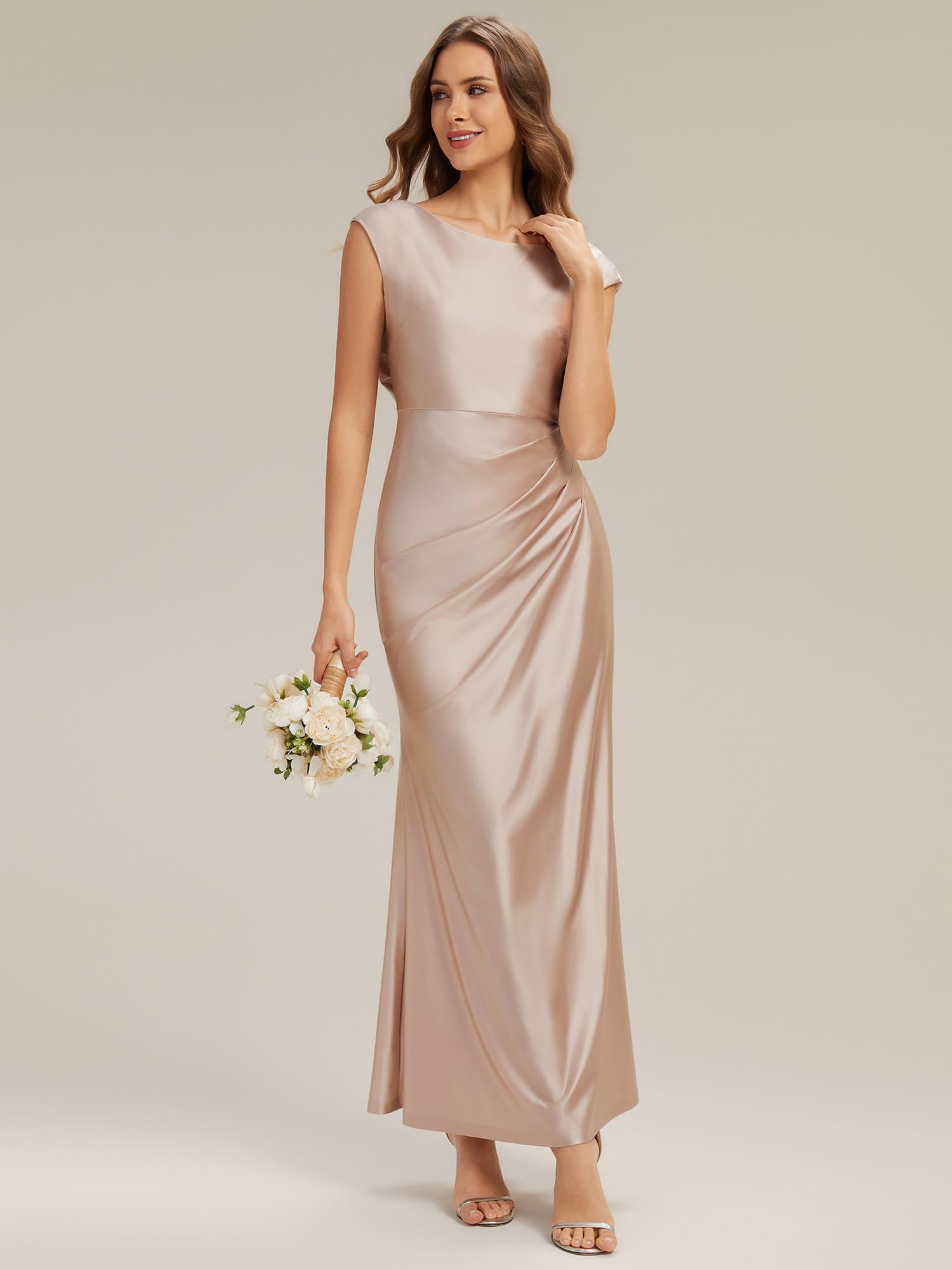 Ever-Pretty Robes de Demoiselle d'honneur Col Ronde Manches Courtes Satin Maxi Dos Nu ES02727
