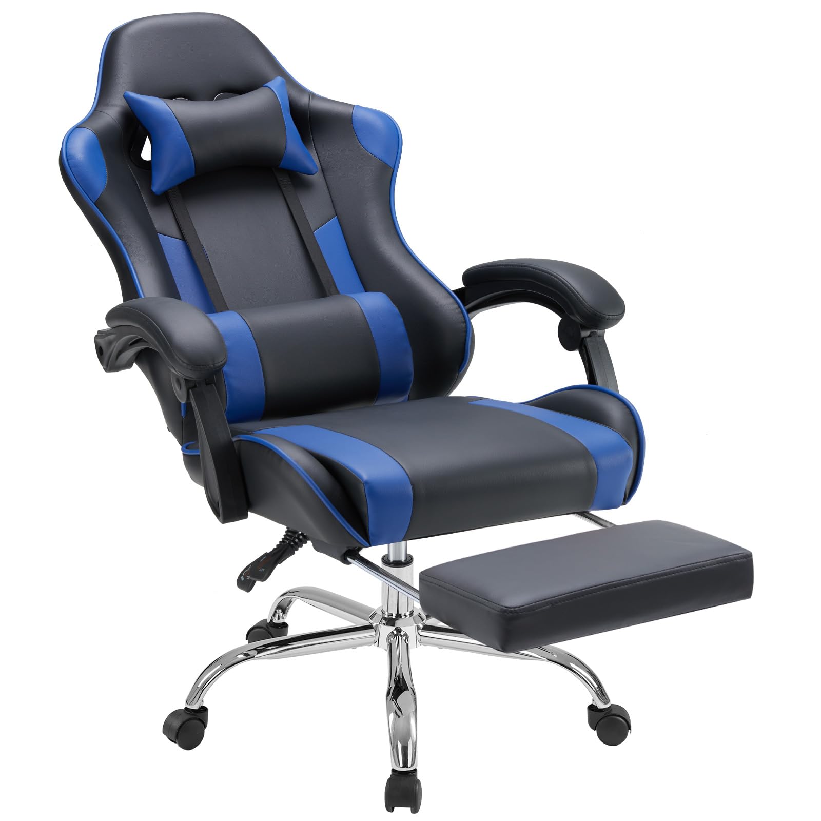 DUMOS Gaming Office Desk Chair with Footrest and Headrest for Adults, PU Leather Ergonomic Video Computer Chair with Linkage Armrests, Height Adjustable 360° Swivel Recling, New Blue