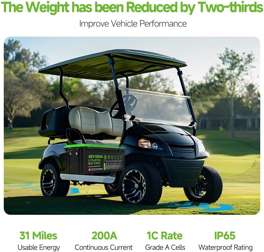 48V 100Ah LiFePO4 Golf Cart Battery, 10.24kW Peak Power & 4000+ Cycles, Built-in 200A BMS | with 48V 18A Lithium Battery Charger, LCD Screen & APP Monitoring | for Golf Carts, RV, Marine