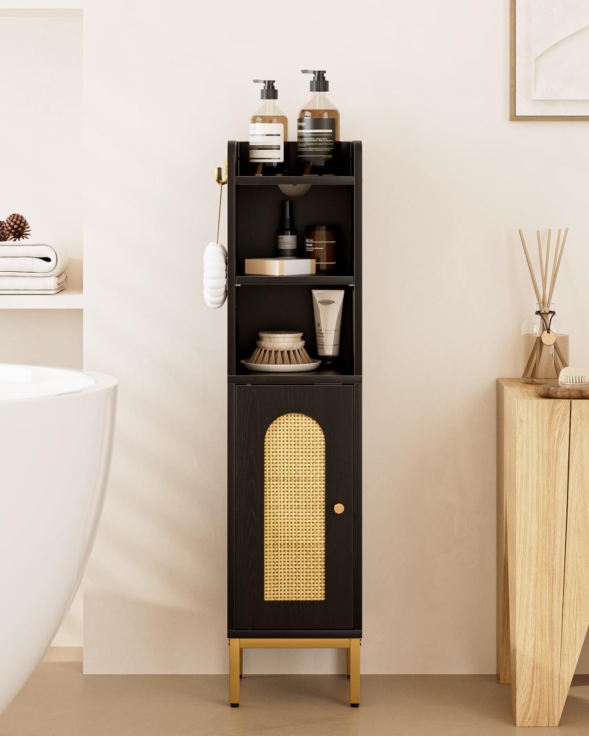 HEYZOEY Armoire de salle de bain - Meuble de rangement haut avec porte - Rangement fin pour salle de bain, cuisine, salon, chambre à coucher, bureau - Rotin noir