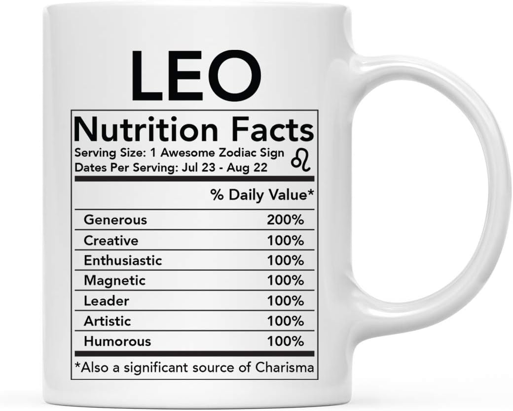 Andaz Press Astrological Zodiac Star Sign 11oz. Coffee Mug Gift, Leo Characteristics Nutritional Facts, 1-Pack, Horoscope Leo Birthday Christmas Office Cup Gifts Ideas