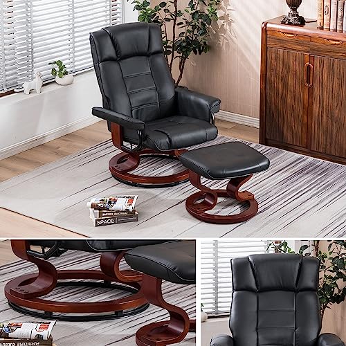 Mcombo Swiveling Recliner Chair With Wrapped Wood Base And Matching Ottoman Footrest, Furniture Casual Chair, Faux Leather 9019 (Black) #TOP3