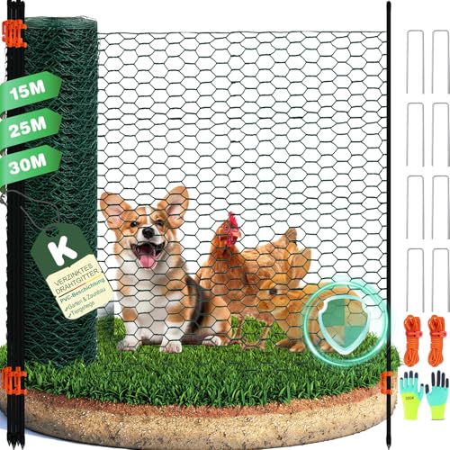 Begrenzungszaun/Maschendrahtzaun mobiler Hühnerzaun & Hundezaun, 120 cm, Kunststoff beschichtet, Geflügelzaun Set, 15 m / 25 m / 30 m, Steckzaun mit Fiberglaspfosten für Garten & Tiergehege
