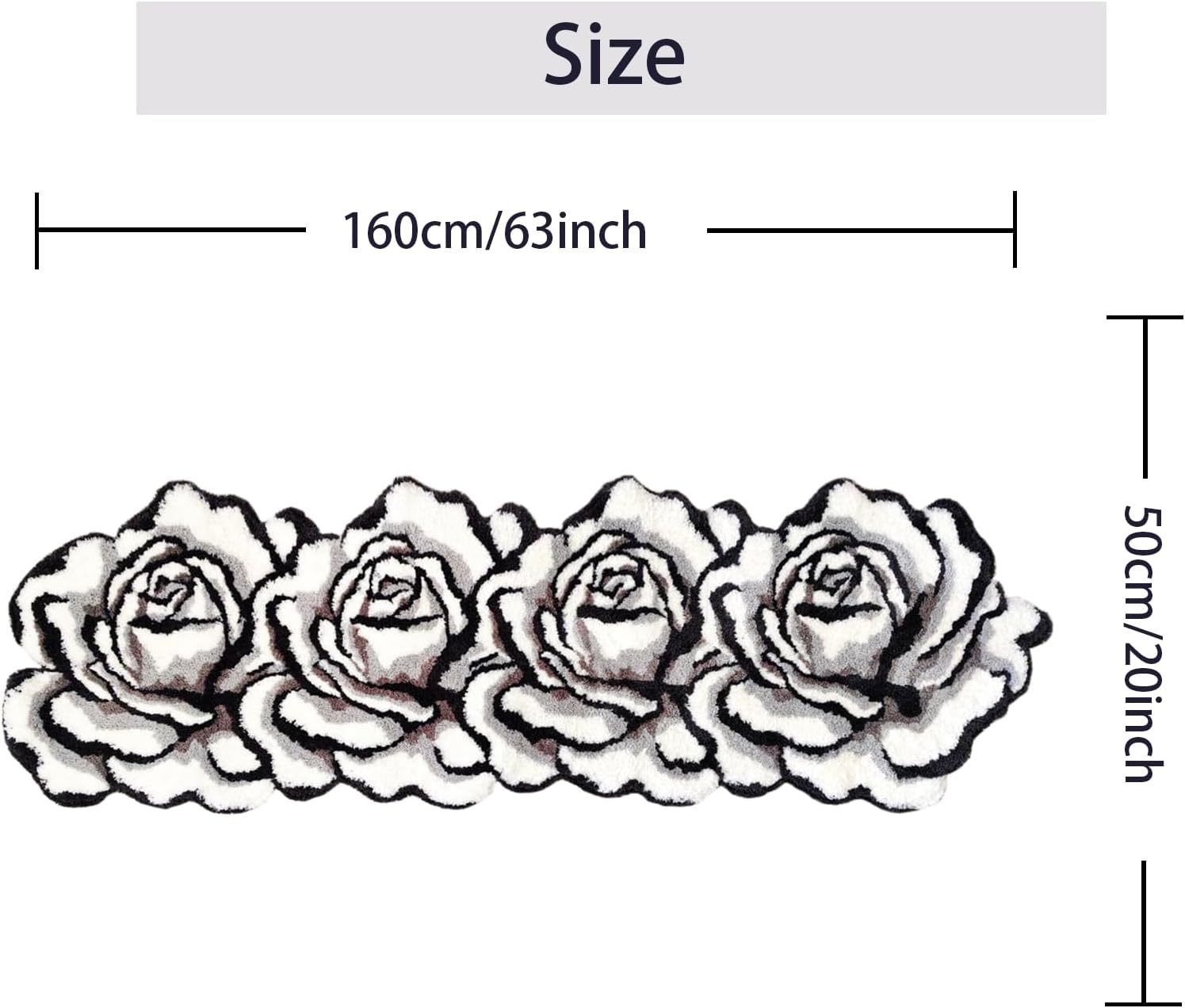 ABREEZE High Pile Floral Runner Rug, Non-Slip Soft Fluffy Shaggy Rug for Bathroom, Rose Washable Handmake Carpet 20"X63" Black and White