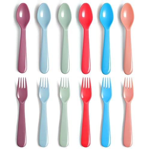 ChaLeeMoo12Pcs Plastic Kids Forks and Spoons Set, Reusable Toddler Utensils Assorted Colors Kids Silverware Set for School Lunch Box Camping Travel, Also for Adult to Use, BPA Free Dishwasher Safe