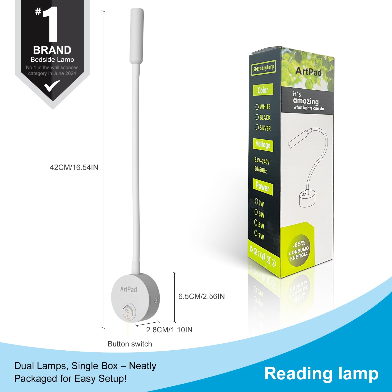 Faretto 2 pezzi, lampada da comodino con illuminazione bianca calda, morbida da notte da lettura minimalista montata su parete da 3 W con interruttore a pulsante