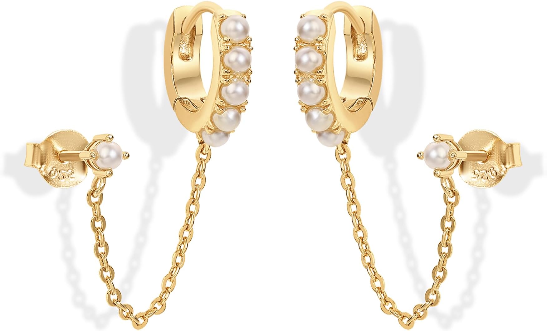 PAVOI 14K Gold Chain Earrings for Women | Double Piercing Dangle Chain Huggie Hoop Earrings | Cubic Zirconia Pearl Stud Ear Cuff Earrings for Women
