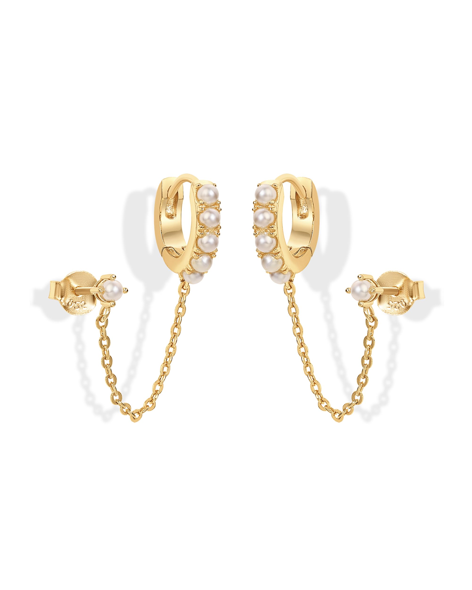 PAVOI 14K Gold Chain Earrings for Women | Double Piercing Dangle Chain Huggie Hoop Earrings | Cubic Zirconia Pearl Stud Ear Cuff Earrings for Women