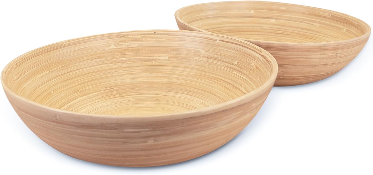 LEXA 12" Handmade Bamboo Salad Bowl – 130 oz Large Wooden Fruit Bowl for Kitchen Counter, Natural Bamboo, Pack of 2
