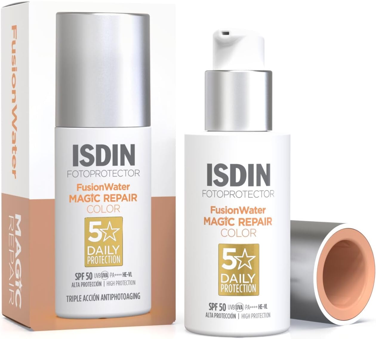 Fusion Water MAGIC Repair Color SPF 50 - Tinted Anti-Ageing Sunscreen - Triple Action: Repairs DNA, Reduces Wrinkles & Evens Skin Tone - Natural Glow, 50ml