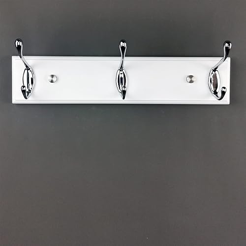 Miniatura 6 de Perchero montado en la pared de 12.2 pulgadas con 3 ganchos plateados, gancho de madera blanca para entrada, pasillo, dormitorio, habitación de los