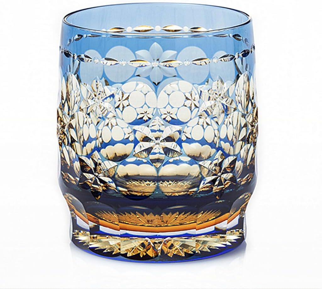 JEKE Hand Cut Crystal Whisky Glass 320ml Edo style Whiskey Glasses -Cocktail-Vodka-Beer Drinkingware Glasses In Gift Carton (Amber Blue)