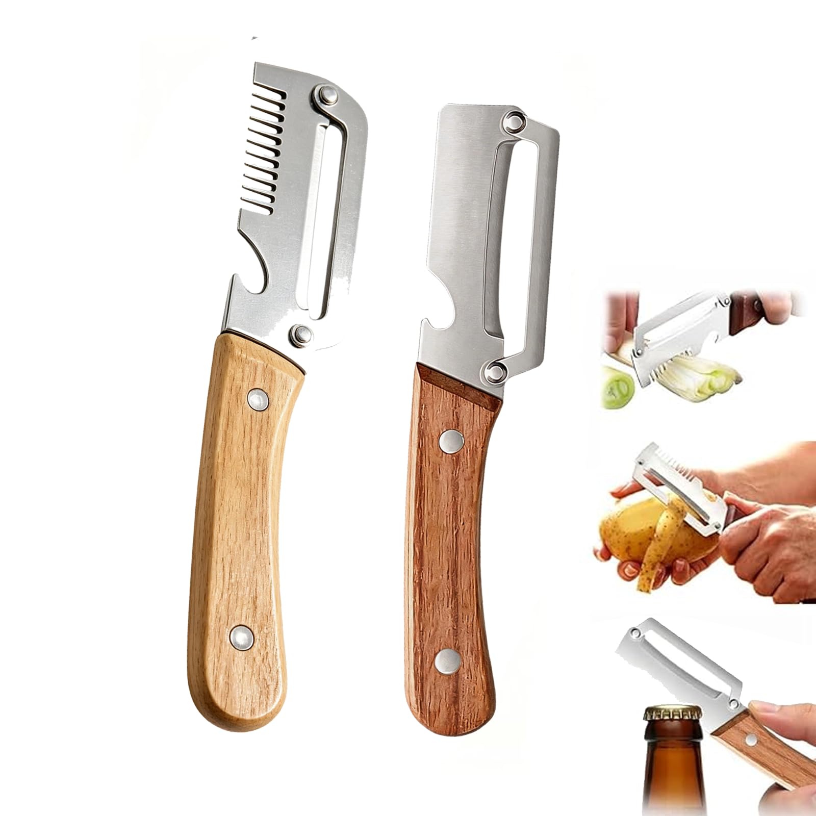Zero Snag Wooden Peeler, Multifunctional Vegetable Peeler with Stainless Steel, Ergonomic Kitchen Tool for Potato and Vegetable Preparation, 2 Wood Handle Peelers for Home and Outdoor Use, 19 x 4 cm