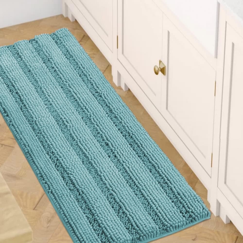 H.VERSAILTEX Bath Rugs for Bathroom Non Slip Bath Mats Extra Thick Chenille Striped Bath Rug Runners 47" x 17" Absorbent Fluffy Soft Shaggy Mats Dry Fast Plush Area Carpet for Bath Room - Aqua Haze 47" x 17" Aqua Haze