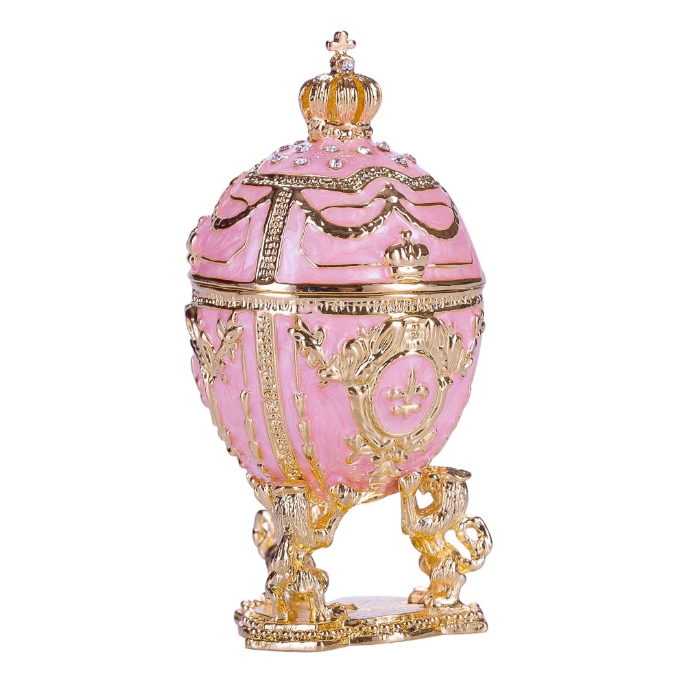 danila-souvenirs Faberge-stijl ei juwelendoos juwelenkistje met leeuwen en keizerskroon 7,5 cm roze