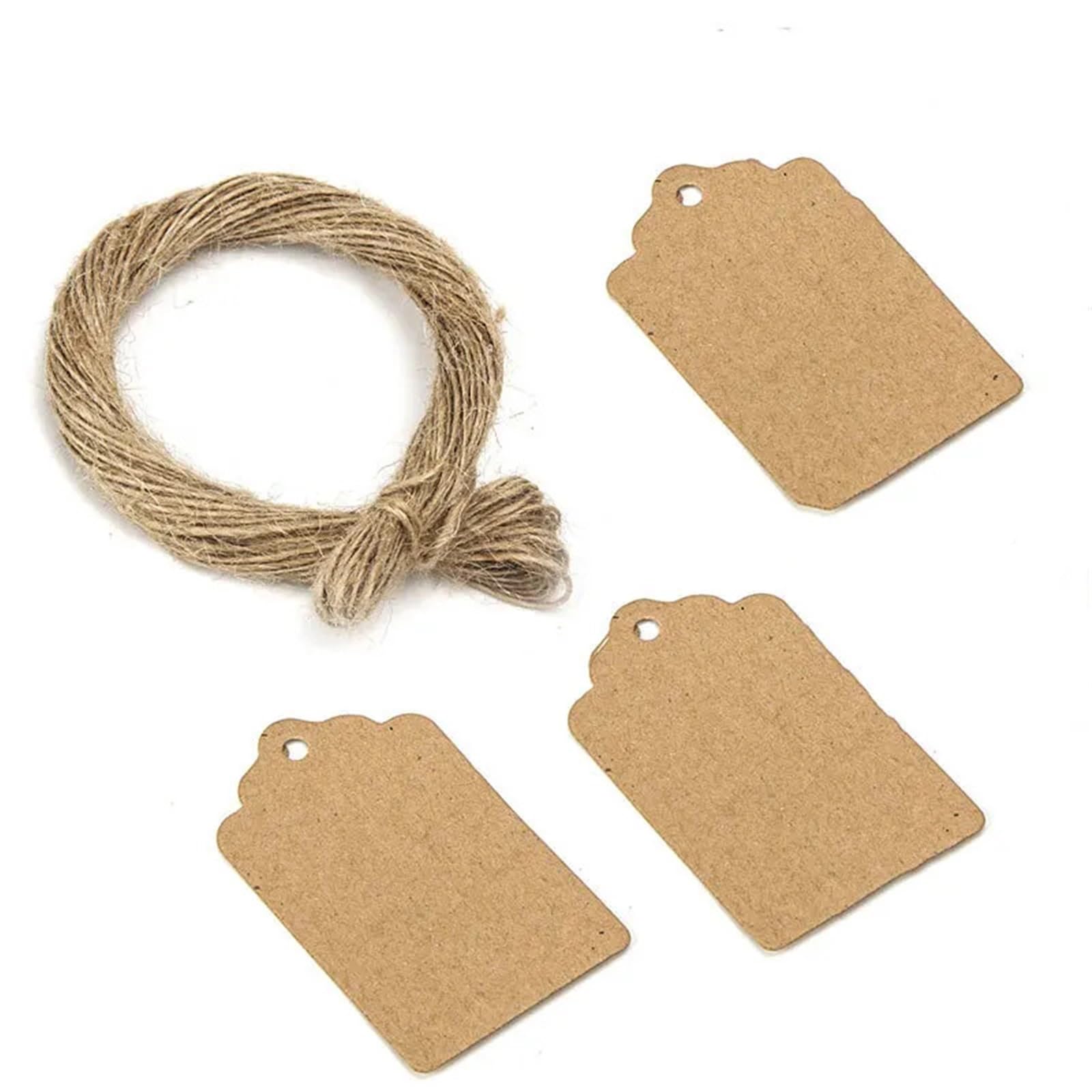 Etichette per prezzi con cordino, 500 pezzi, 5 x 3 cm, etichette per imballaggio, in carta kraft marrone, nero/bianco, per fai da te, regali di nozze, etichette decorative per prezzi da visualizzare