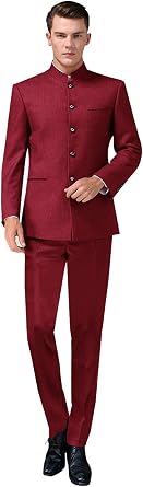Mens Solid 2 Piece Suit Slim Fit Stand Collar Black Tie Jacket Pants Set