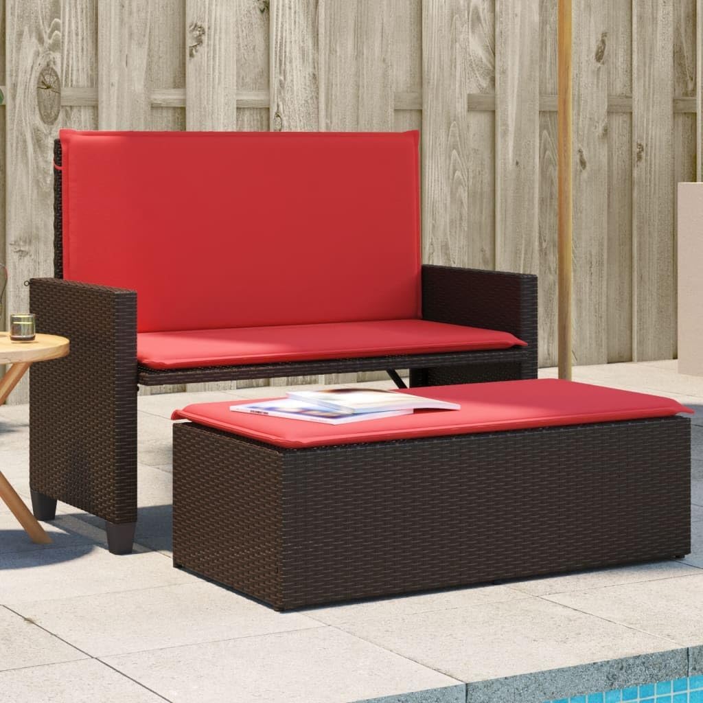 2-in-1 Brown Rattan Patio Loveseat Converts to Sofa Bed 48"x21.7"x38.2" with Cushion and Pull-Out Footstool, UV-Resistant Outdoor Seating for Garden, Porch & Deck