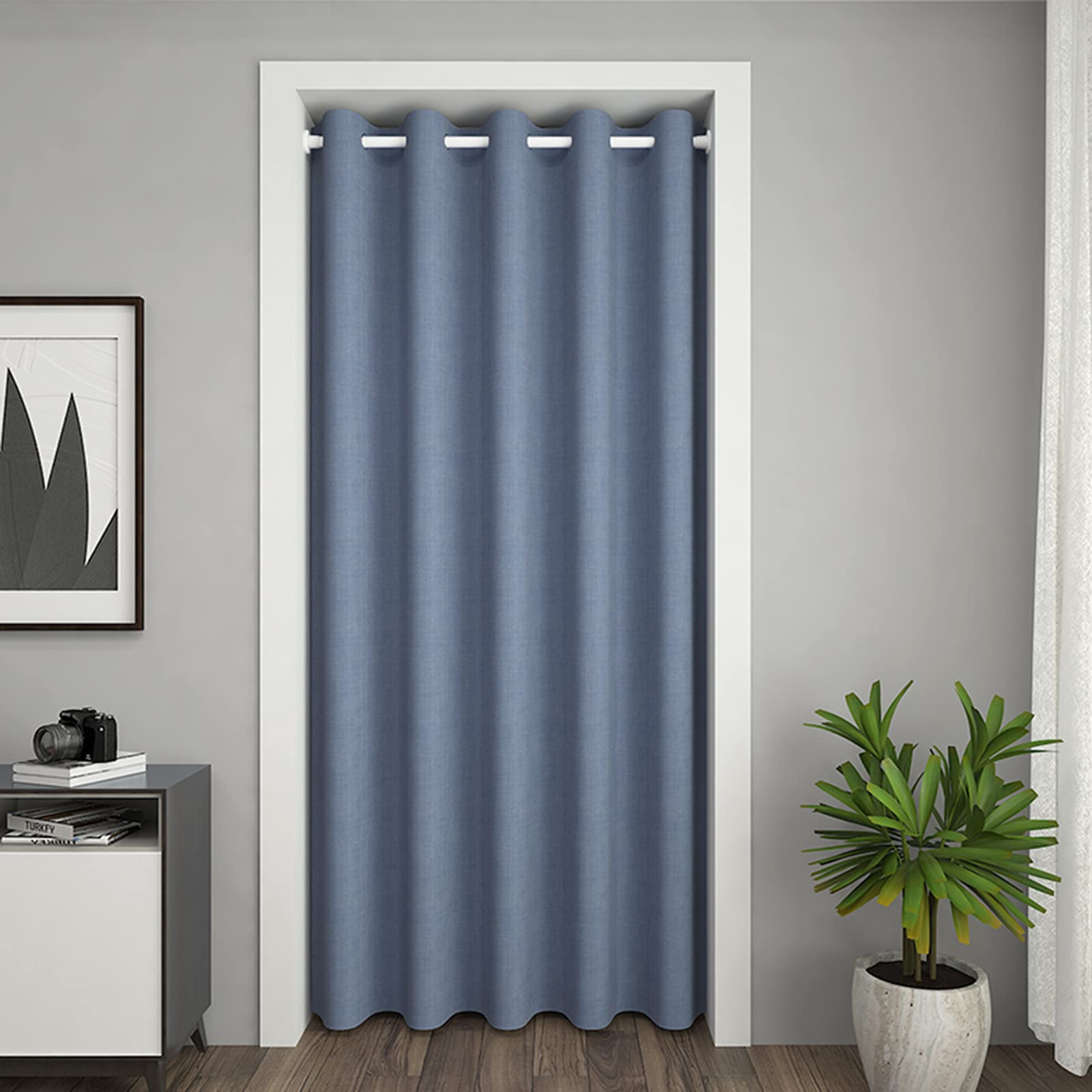 Noise Reduce,Thermal Insulated,Windproof,Energy Efficient,Partition Curtain,Soft Door Curtain Panel,Blackout Curtain,Decorative Doorway Curtain-Gray-Blue (w)200cm x (h)200cm,for 111-140cm Door Width