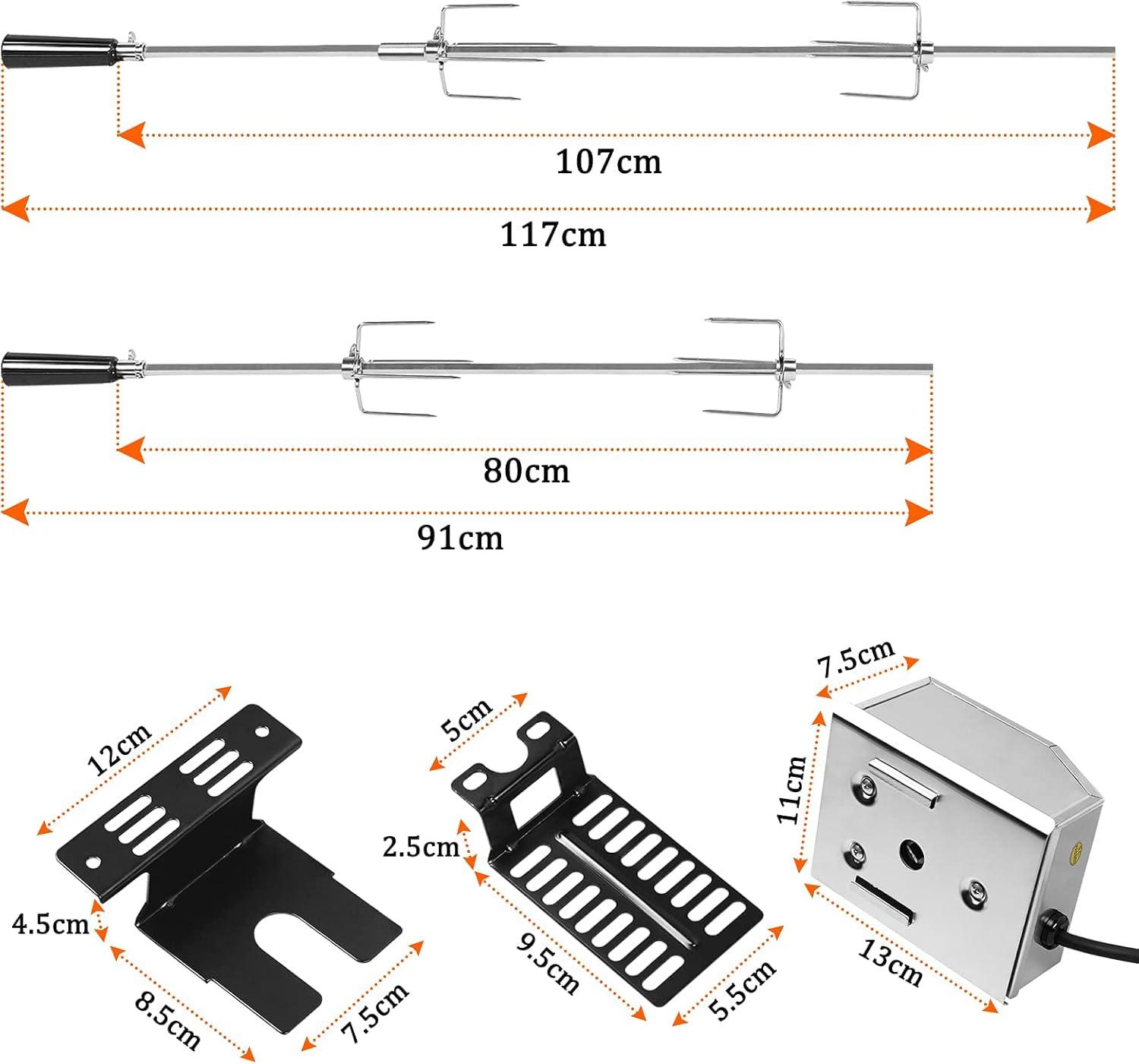 AufuN Zestaw obrotowych szpikulców ze stali nierdzewnej, grill gazowy, rożen do grilla 107 cm, z 4 igłami do mięsa, 220 V – 240 V, elektryczny rożen obrotowy, na podróż, kemping, piknik