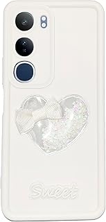 جراب حماية خلفي اكسبرس مضاد للصدمات مصنوع من السيليكون الناعم والبولي يوريثين المقاوم للحرارة ومزين بجليتر على شكل قلب لموبايل فيفو V40 لايت (أبيض)