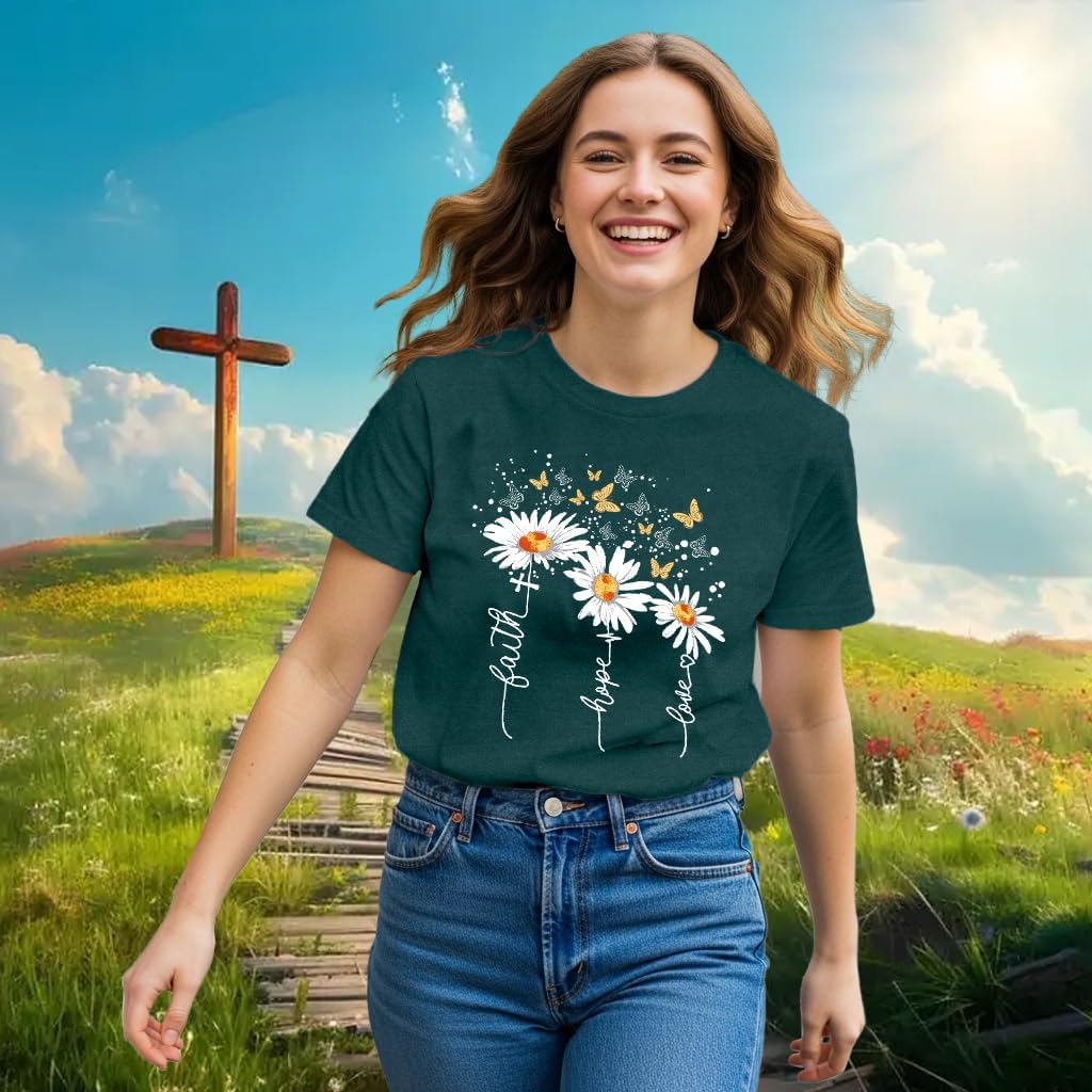 Christian Shirts for Women Daisy Floral T-Shirt Faith Hope Love Tee Butterfly Tops - Image 3